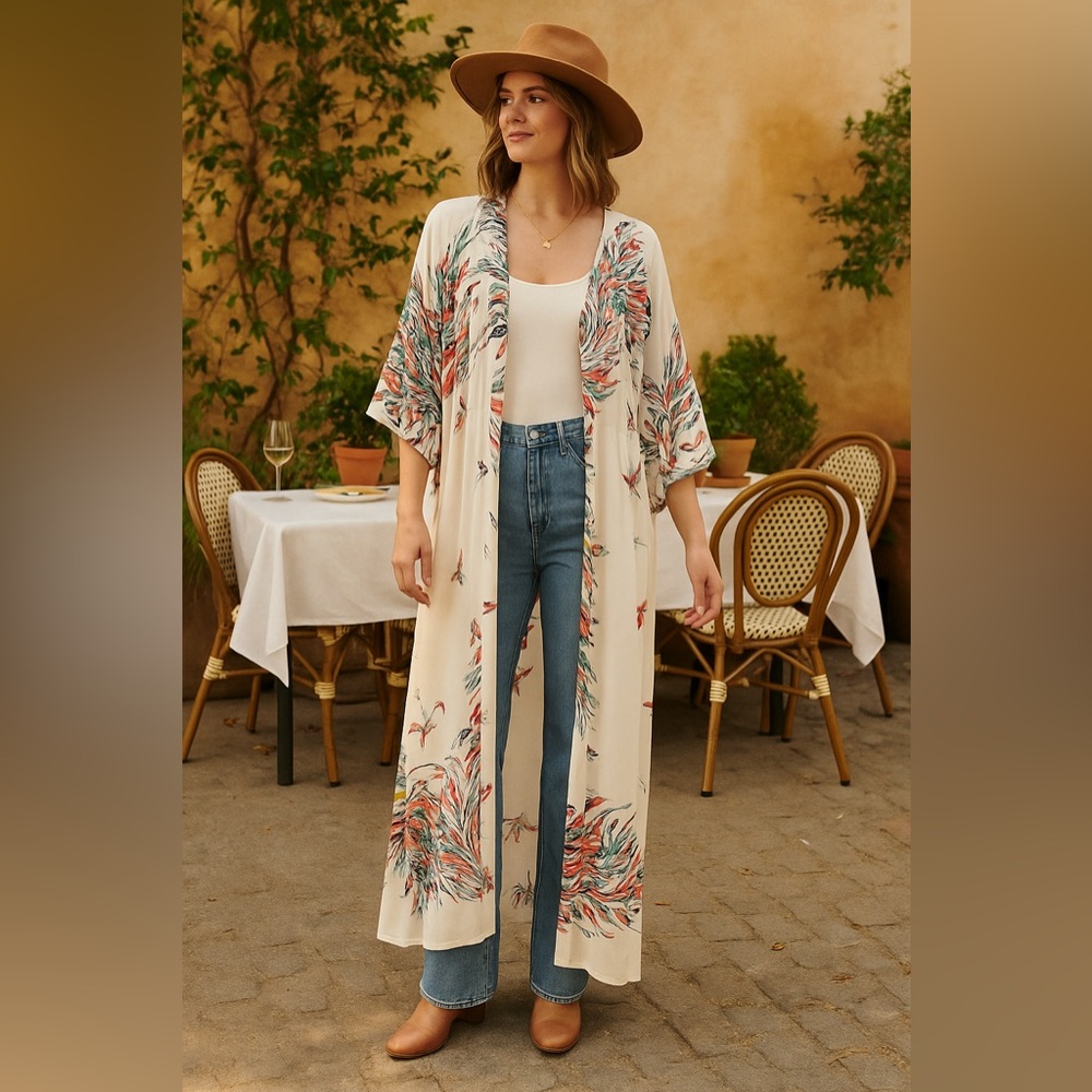 Festival Boho Kimono Duster L/XL Dragonfly Lightweight Long Layering Robe